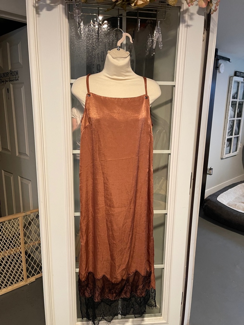 Crescent Copper Satin Slip Dress with Black Lace Trim